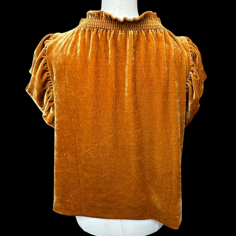 Free People Terese Velvet Top Womens M Pumpkin Pie Puff Sleeve Tassel Tie Neck - Picture 3 of 9